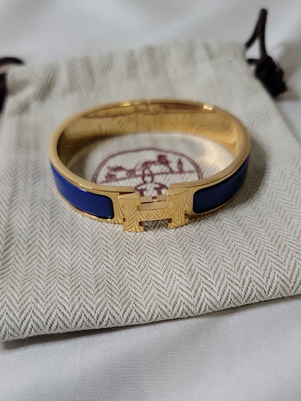 Hermes Blue Enamel and Gold H Cuff Bracelet